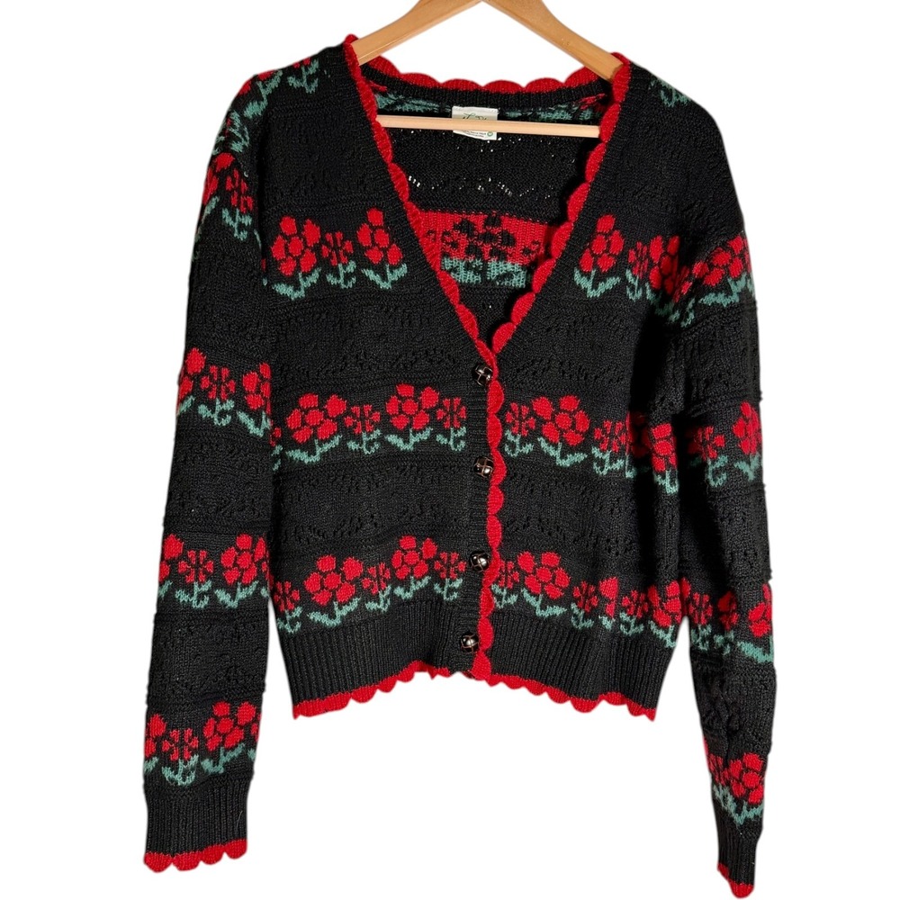 Newino Vintage Women's Floral Open Knit Cardigan Sweater Leather Buttons Black M